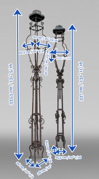 Pair of wrought iron lighting candelabra with openwork shafts, in the Renaissance taste-6