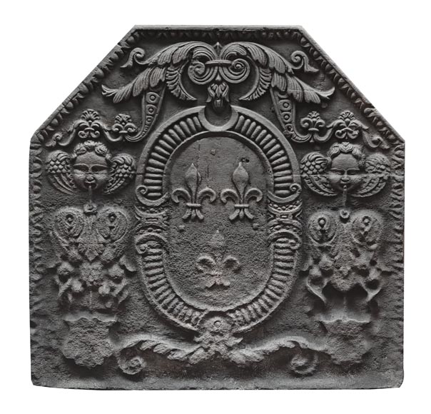 Cast iron fireplace plaque bearing the Arms of France, framed by cherubs Cast iron fireplace plaque bearing the Arms of France, framed by cherubs-0