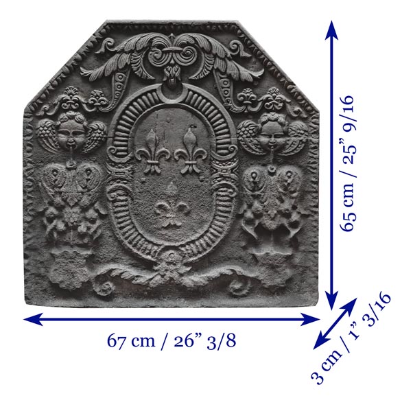 Cast iron fireplace plaque bearing the Arms of France, framed by cherubs Cast iron fireplace plaque bearing the Arms of France, framed by cherubs-5