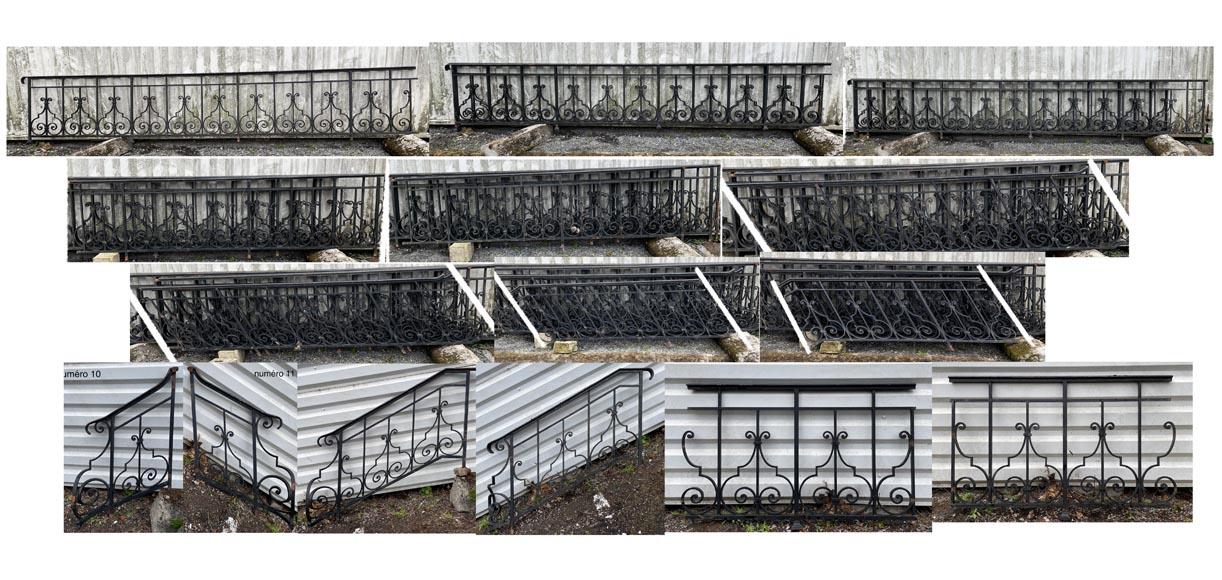 Set of wrought-iron railings featuring a design of scrolls and volute terminals, including both straight and raked sections-0