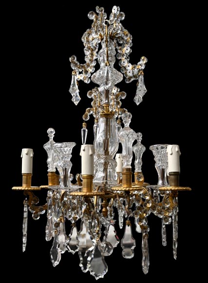 Six-light chandelier in cut crystal and gilt bronze, in the style of the Cristallerie Royale de Champagne de Bayel-0
