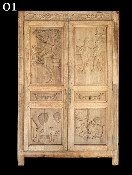 Important oak panelling carved with scenes from La Fontaine's Fables, 19th century Important oak panelling carved with scenes from La Fontaine's Fables, 19th century-1