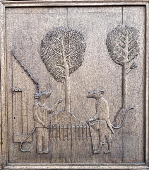 Important oak panelling carved with scenes from La Fontaine's Fables, 19th century Important oak panelling carved with scenes from La Fontaine's Fables, 19th century-3
