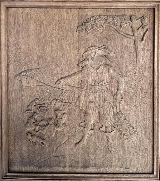 Important oak panelling carved with scenes from La Fontaine's Fables, 19th century Important oak panelling carved with scenes from La Fontaine's Fables, 19th century-6