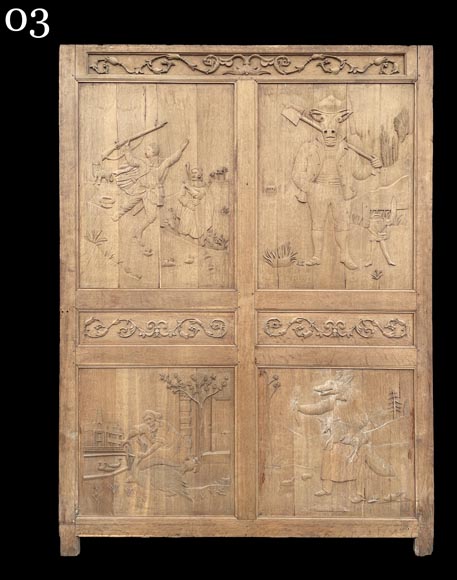 Important oak panelling carved with scenes from La Fontaine's Fables, 19th century Important oak panelling carved with scenes from La Fontaine's Fables, 19th century-8