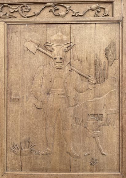 Important oak panelling carved with scenes from La Fontaine's Fables, 19th century Important oak panelling carved with scenes from La Fontaine's Fables, 19th century-9