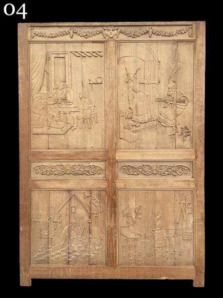 Important oak panelling carved with scenes from La Fontaine's Fables, 19th century Important oak panelling carved with scenes from La Fontaine's Fables, 19th century-11