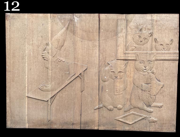 Important oak panelling carved with scenes from La Fontaine's Fables, 19th century Important oak panelling carved with scenes from La Fontaine's Fables, 19th century-28