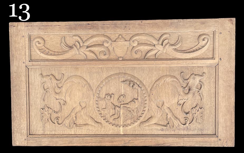 Important oak panelling carved with scenes from La Fontaine's Fables, 19th century Important oak panelling carved with scenes from La Fontaine's Fables, 19th century-29