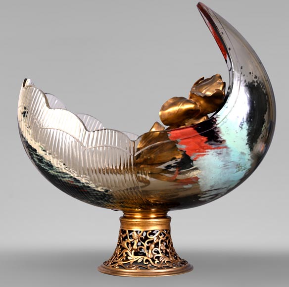 Attributed to L'Escalier de Cristal, François-Eugène Rousseau, and Ernest Léveillé: a Japonist polychrome glass vase encircled by a gilt-bronze iris.-2