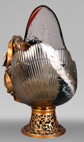 Attributed to L'Escalier de Cristal, François-Eugène Rousseau, and Ernest Léveillé: a Japonist polychrome glass vase encircled by a gilt-bronze iris.-4
