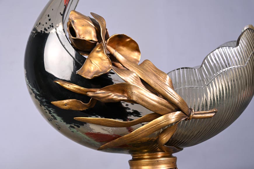 Attributed to L'Escalier de Cristal, François-Eugène Rousseau, and Ernest Léveillé: a Japonist polychrome glass vase encircled by a gilt-bronze iris.-5
