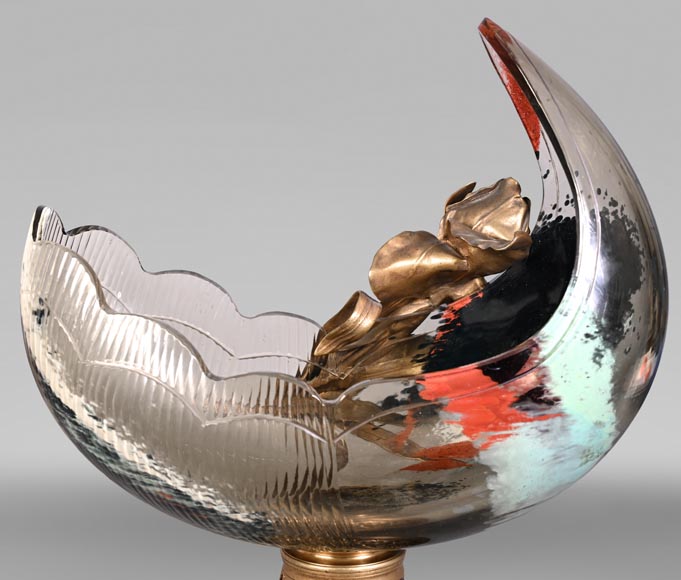 Attributed to L'Escalier de Cristal, François-Eugène Rousseau, and Ernest Léveillé: a Japonist polychrome glass vase encircled by a gilt-bronze iris.-8