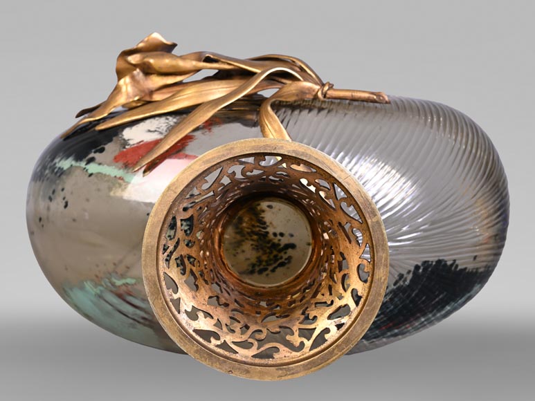 Attributed to L'Escalier de Cristal, François-Eugène Rousseau, and Ernest Léveillé: a Japonist polychrome glass vase encircled by a gilt-bronze iris.-11