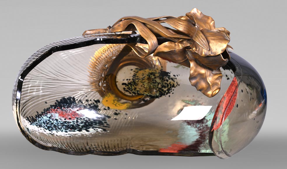 Attributed to L'Escalier de Cristal, François-Eugène Rousseau, and Ernest Léveillé: a Japonist polychrome glass vase encircled by a gilt-bronze iris.-12