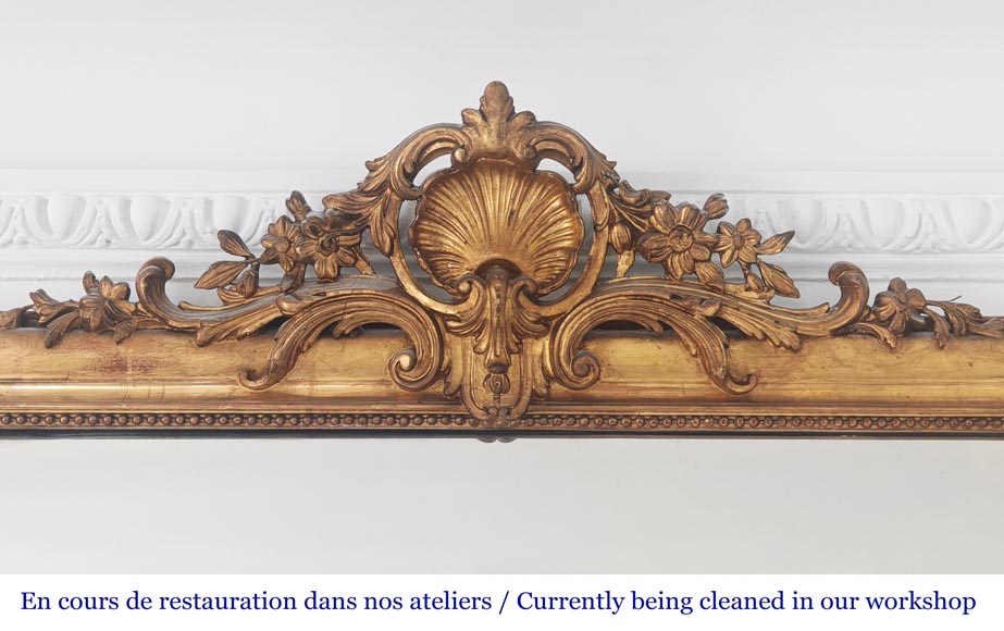 Gilt Louis XV style trumeau mirror surmounted by a shell motif Gilt Louis XV style trumeau mirror surmounted by a shell motif-1