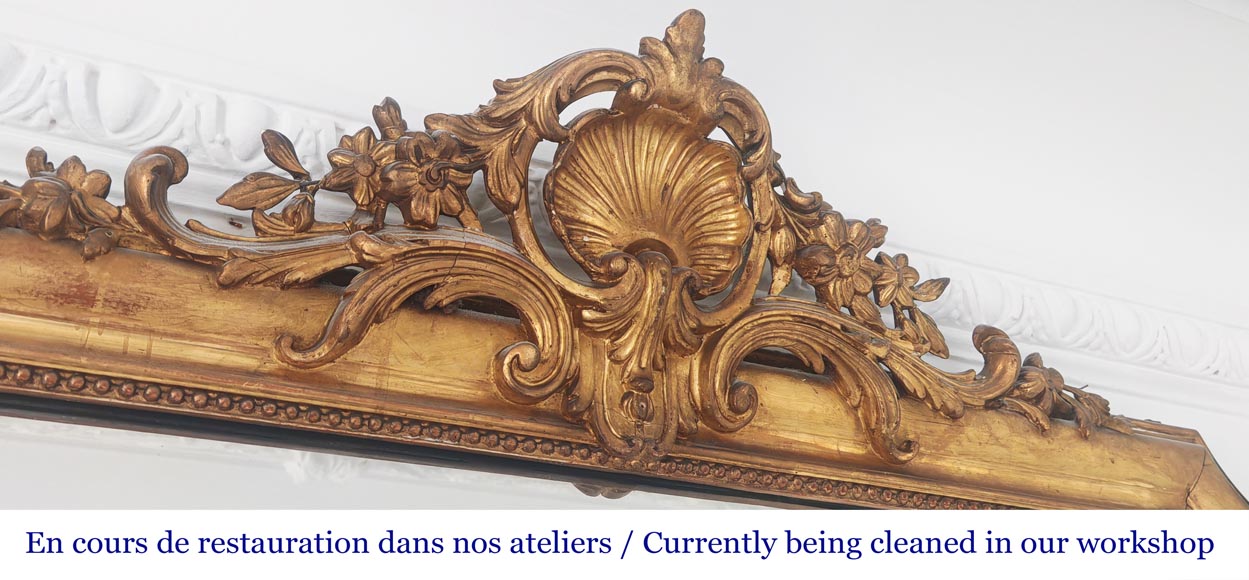 Gilt Louis XV style trumeau mirror surmounted by a shell motif Gilt Louis XV style trumeau mirror surmounted by a shell motif-2