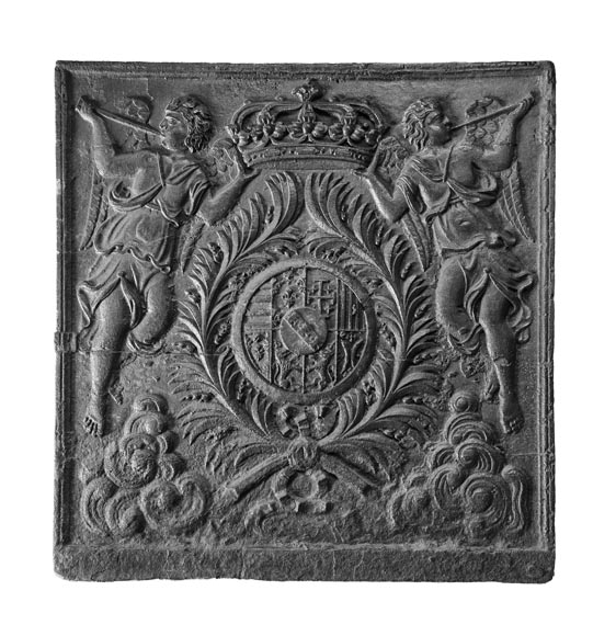 Large Cast Iron Fireback with the Arms of the Dukes of Lorraine, Flanked by Musical Angels-0