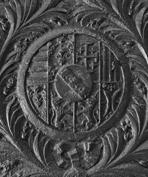 Large Cast Iron Fireback with the Arms of the Dukes of Lorraine, Flanked by Musical Angels-1