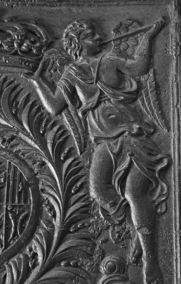 Large Cast Iron Fireback with the Arms of the Dukes of Lorraine, Flanked by Musical Angels-5