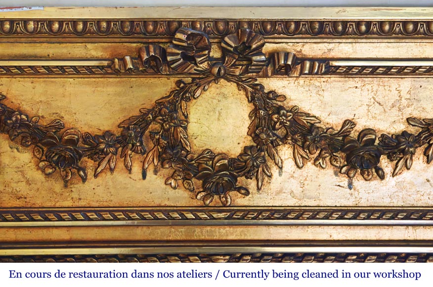 Gilt Louis XVI-style trumeau mirror with a floral wreath Gilt Louis XVI-style trumeau mirror with a floral wreath-1