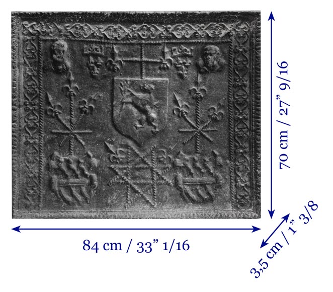Cast-iron fireback decorated with a coat of arms and a portrait bust-8