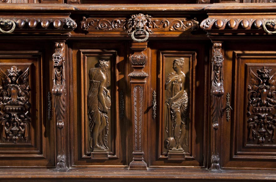 Large Neo-Troubadour buffet made out of carved walnut with bronze low-reliefs signed by Ferdinand Barbedienne-5