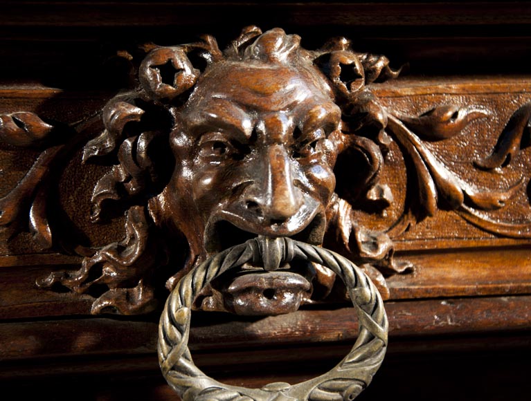 Large Neo-Troubadour buffet made out of carved walnut with bronze low-reliefs signed by Ferdinand Barbedienne-9