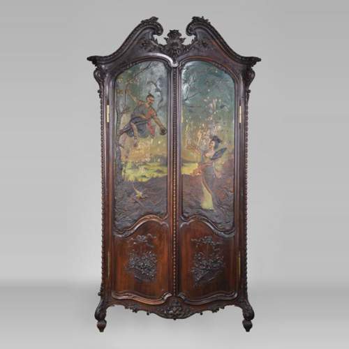 Antique Louis XV style carved walnut wardrobe with painted Japanese style decor