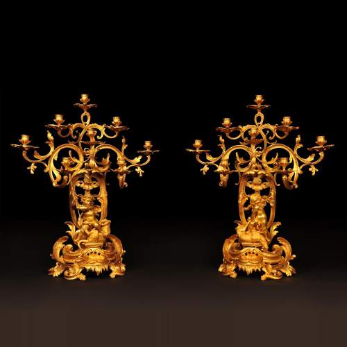Henri HOUDEBINE and DEMAY « Cherubs on the hunt » Pair of candelabras presented  at the Universal Exhibition of 1855