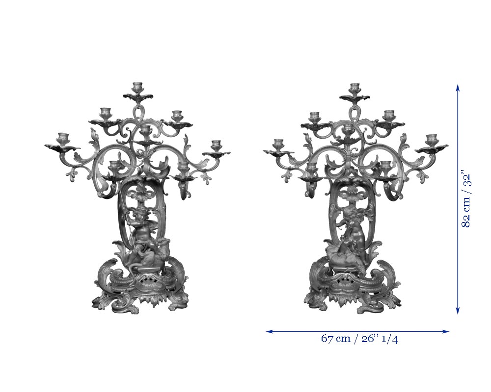 Henri HOUDEBINE and DEMAY « Cherubs on the hunt » Pair of candelabras presented  at the Universal Exhibition of 1855-7