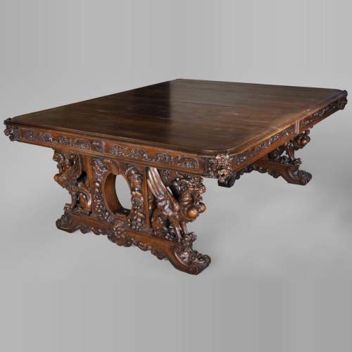 Beautiful antique Neo-Renaissance style walnut carved table with lions and mythical animals