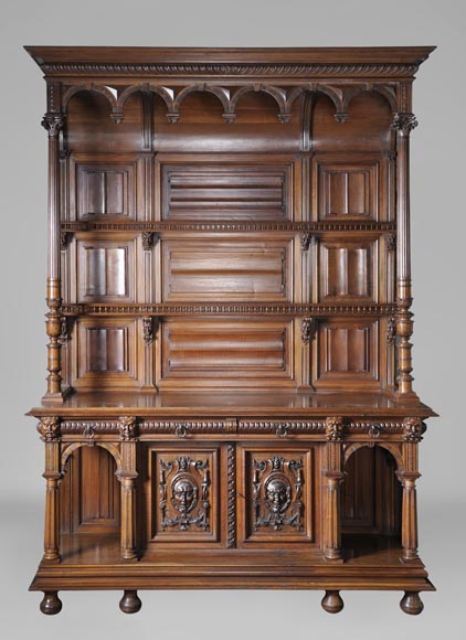 Large antique Neo-Gothic style carved walnut dresser with Satyrs decor-0