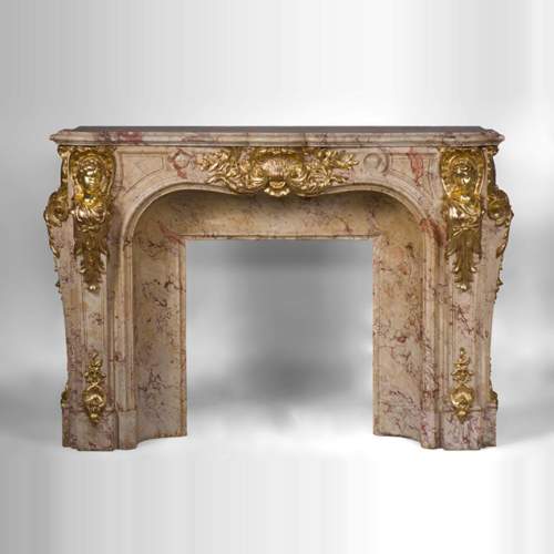 Prestigious antique fireplace in Scagliola as Sarrancolin Fantastico marble made after the fireplace of the Council Room at the Palace of Versailles