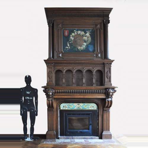 Monumental oak wood fireplace with painting on canvas depicting Joan of Arc