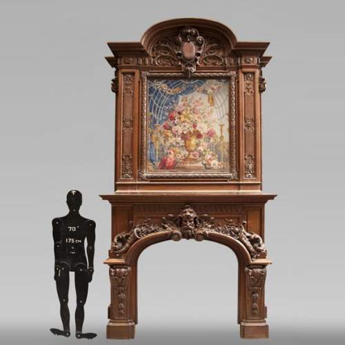 Exceptional antique oak wood fireplace made after the model of the fireplace in the Hercules Salon in Versailles Palace