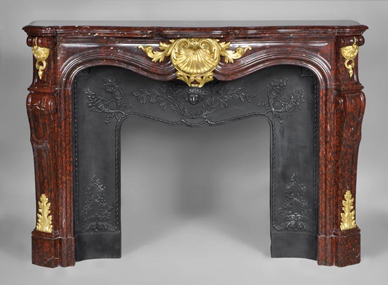 Very beautiful antique Louis XV style fireplace made out of Red Griotte marble with gilded bronze ornaments-0