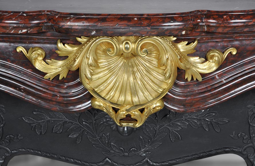 Very beautiful antique Louis XV style fireplace made out of Red Griotte marble with gilded bronze ornaments-1
