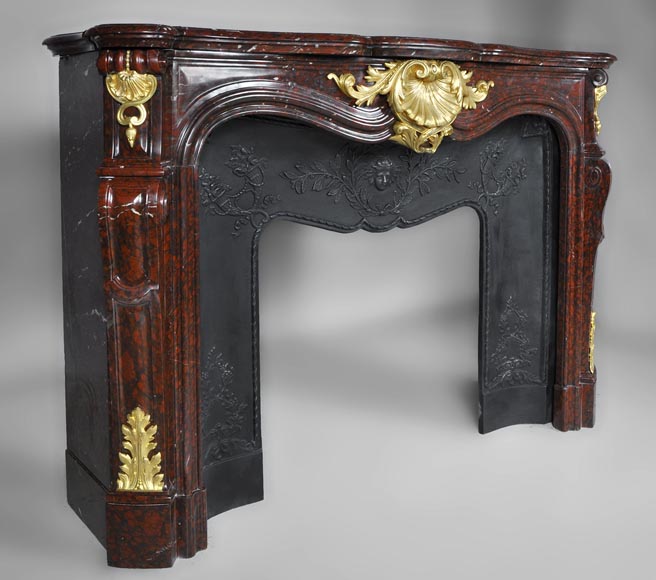 Very beautiful antique Louis XV style fireplace made out of Red Griotte marble with gilded bronze ornaments-2