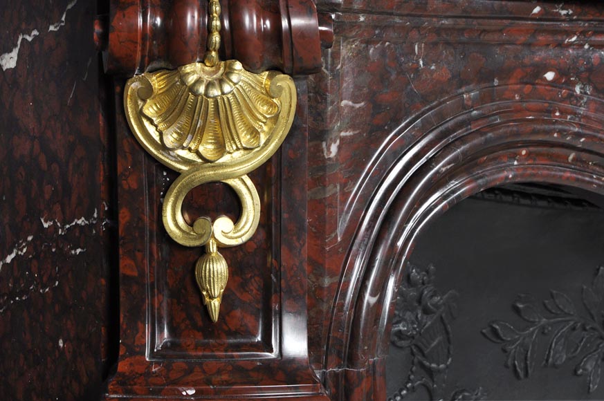 Very beautiful antique Louis XV style fireplace made out of Red Griotte marble with gilded bronze ornaments-3