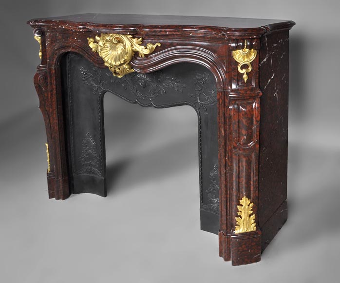 Very beautiful antique Louis XV style fireplace made out of Red Griotte marble with gilded bronze ornaments-5