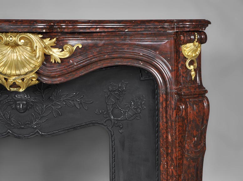 Very beautiful antique Louis XV style fireplace made out of Red Griotte marble with gilded bronze ornaments-6