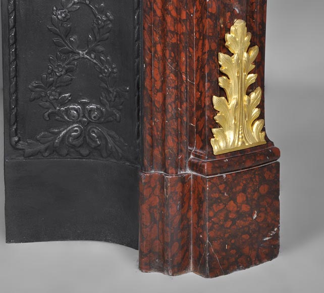 Very beautiful antique Louis XV style fireplace made out of Red Griotte marble with gilded bronze ornaments-7
