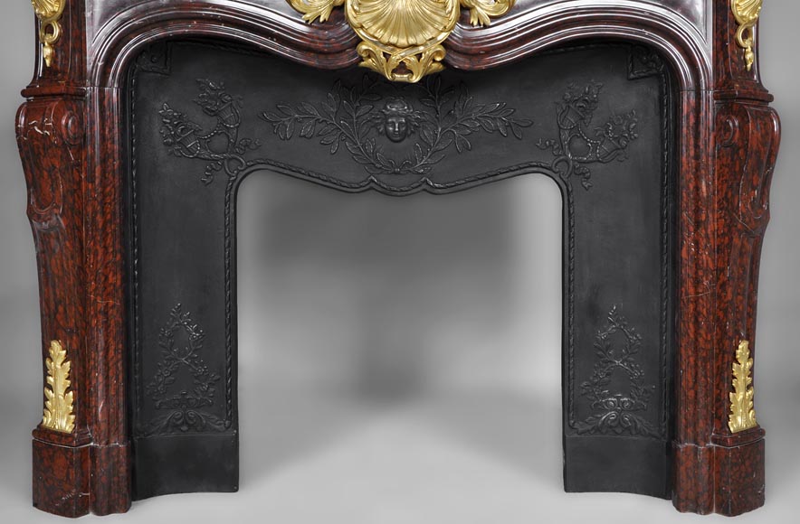 Very beautiful antique Louis XV style fireplace made out of Red Griotte marble with gilded bronze ornaments-8