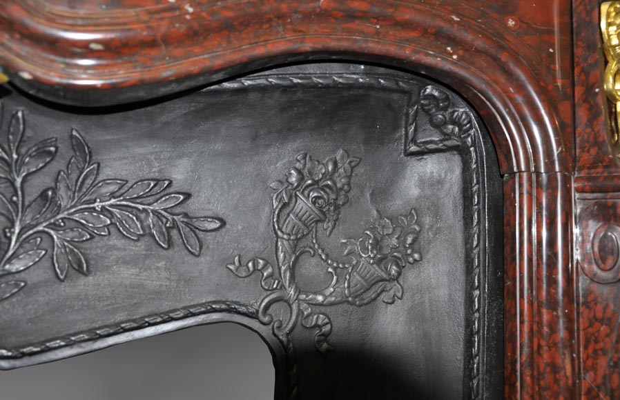 Very beautiful antique Louis XV style fireplace made out of Red Griotte marble with gilded bronze ornaments-10