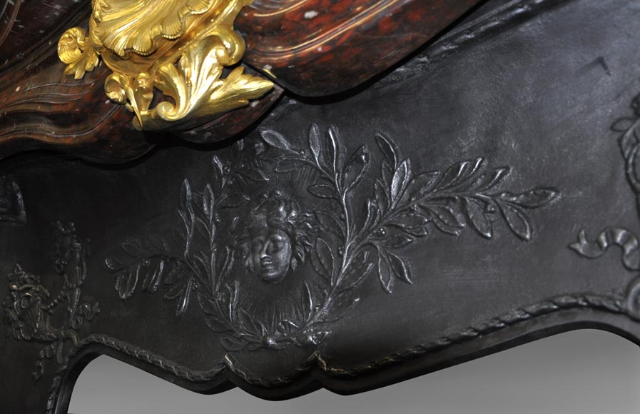 Very beautiful antique Louis XV style fireplace made out of Red Griotte marble with gilded bronze ornaments-11