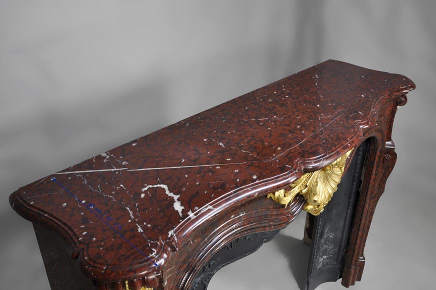 Very beautiful antique Louis XV style fireplace made out of Red Griotte marble with gilded bronze ornaments-12