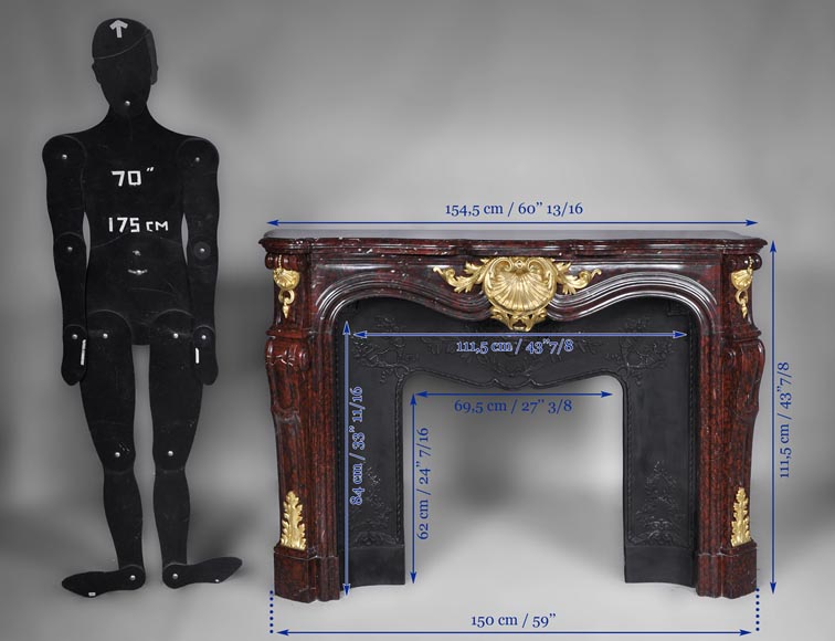 Very beautiful antique Louis XV style fireplace made out of Red Griotte marble with gilded bronze ornaments-13