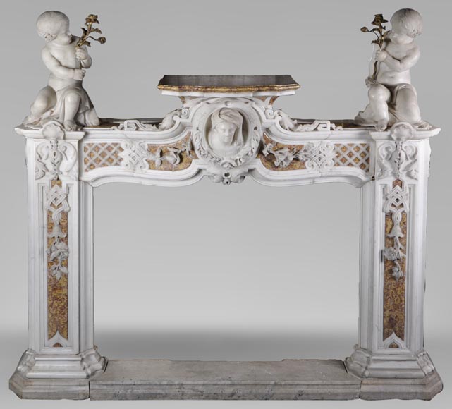 Exceptional antique late 18th century Statuary and Brocatelle marbles fireplace with putti-0