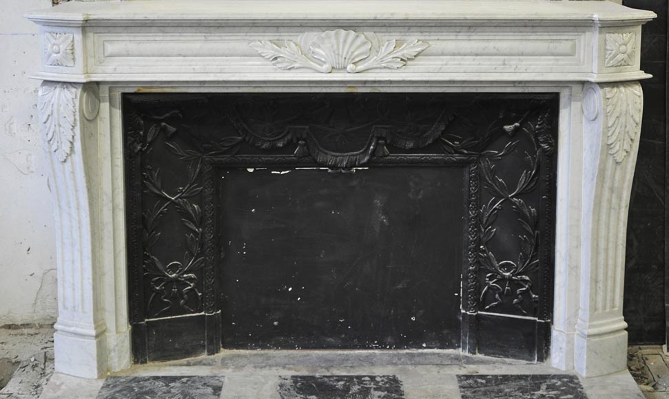Large Louis XVI style fireplace in white Carrara marble with its cast iron insert and its overmantel mirror-1